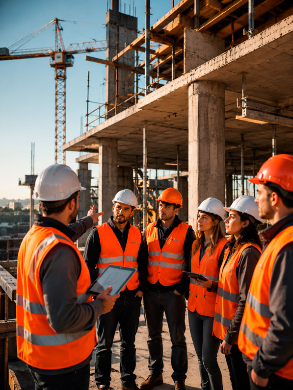 IMAGEN NOSOTROS — EQUIPO TÉCNICO EN OBRA: Fotografía vertical de un equipo de 5 a 7 profesionales (arquitectos e ingenieros) reunidos en el segundo nivel de una obra en estructura de hormigón armado. Visten chalecos de seguridad naranja vibrante y cascos blancos y naranjas. En primer plano, un líder de proyecto muestra planos en una tablet mientras señala hacia la estructura. Detrás: columnas de concreto, vigas de acero, encofrados y una grúa torre difuminada al fondo bajo cielo claro. Ambiente profesional, dinámico y bien iluminado con luz natural diurna. Paleta: naranjas de seguridad, grises de hormigón, blancos, toques de cielo. Estilo: fotografía corporativa de construcción, realista, 4K, colores saturados y vivos.