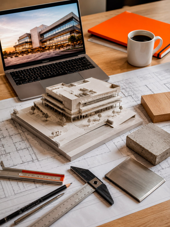 IMAGEN SERVICIO DISEÑO ARQUITECTÓNICO — MESA DE TRABAJO: Fotografía cenital y diagonal de una mesa de arquitecto vibrante y moderna. Planos arquitectónicos extendidos con líneas técnicas, una laptop mostrando un render 3D a color de un centro comercial, una maqueta física blanca y gris de un edificio de varios niveles, escalímetro, lápices y muestras de materiales (madera, concreto, metal). Acento de color naranja en objetos y carpetas. Iluminación cálida de estudio, alta nitidez, profundidad de campo. Paleta: blanco, gris, madera cálida y naranja vivo. Estilo: fotografía profesional de diseño/arquitectura, 4K, colores saturados.