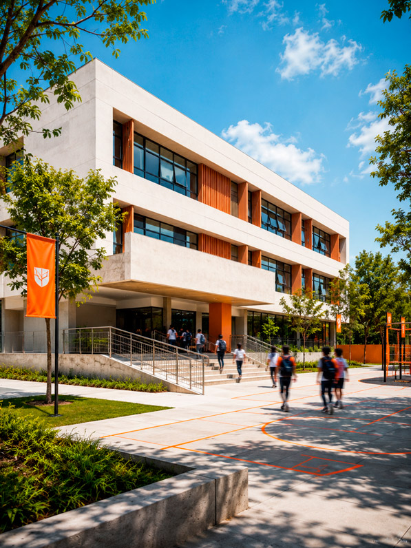 IMAGEN TIPOLOGÍA COLEGIO / CENTRO EDUCATIVO: Fotografía exterior de un colegio moderno de 3 niveles, fachada limpia de hormigón blanco y grandes ventanales, acceso principal amplio con rampa accesible, áreas verdes con árboles y patio de concreto. Acentos arquitectónicos en naranja. Cielo despejado, luz diurna brillante. Estilo: fotografía de arquitectura educativa vertical, realista, 4K, colores frescos y vivos.