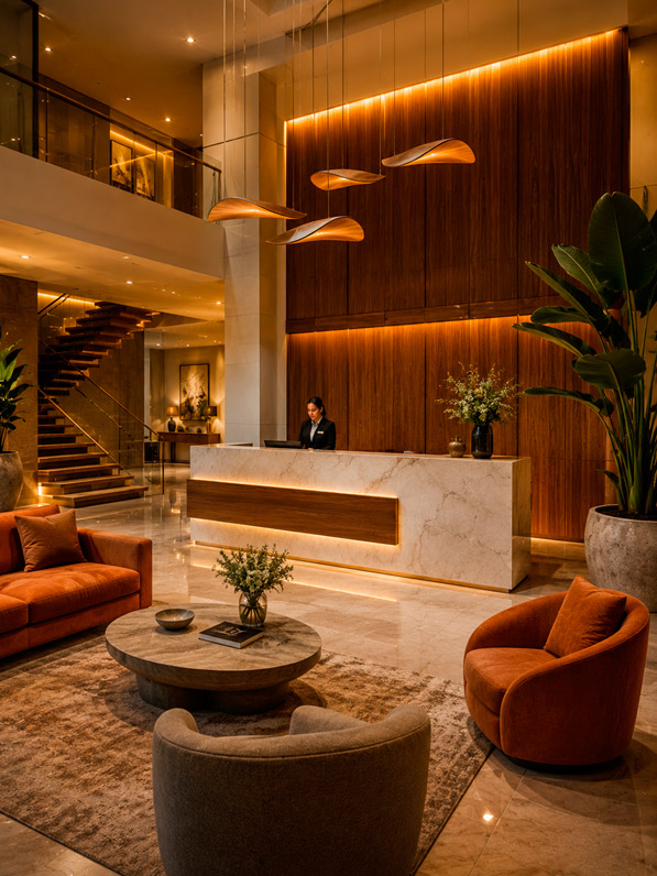 IMAGEN TIPOLOGÍA HOTEL: Fotografía del lobby de un hotel boutique moderno de doble altura, mostrador de recepción en mármol claro con frente de madera cálida, sofás de diseño en tonos terracota y gris, iluminación indirecta cálida, plantas de interior y escaleras flotantes. Acentos en naranja y dorado. Estilo: fotografía de interiorismo hotelero vertical, realista, 4K, ambiente cálido y colores ricos.