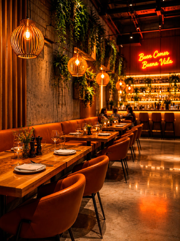 IMAGEN TIPOLOGÍA RESTAURANTE / ESPACIO DE COMIDA: Fotografía del interior de un restaurante moderno con mesas de madera natural, sillas de diseño en cuero terracota, lámparas colgantes cálidas, muro de hormigón visto con paneles de madera, barra iluminada al fondo y acentos en naranja vibrante. Ambiente acogedor, iluminación dorada. Estilo: fotografía gastronómica de interiores vertical, realista, 4K, colores cálidos y saturados.